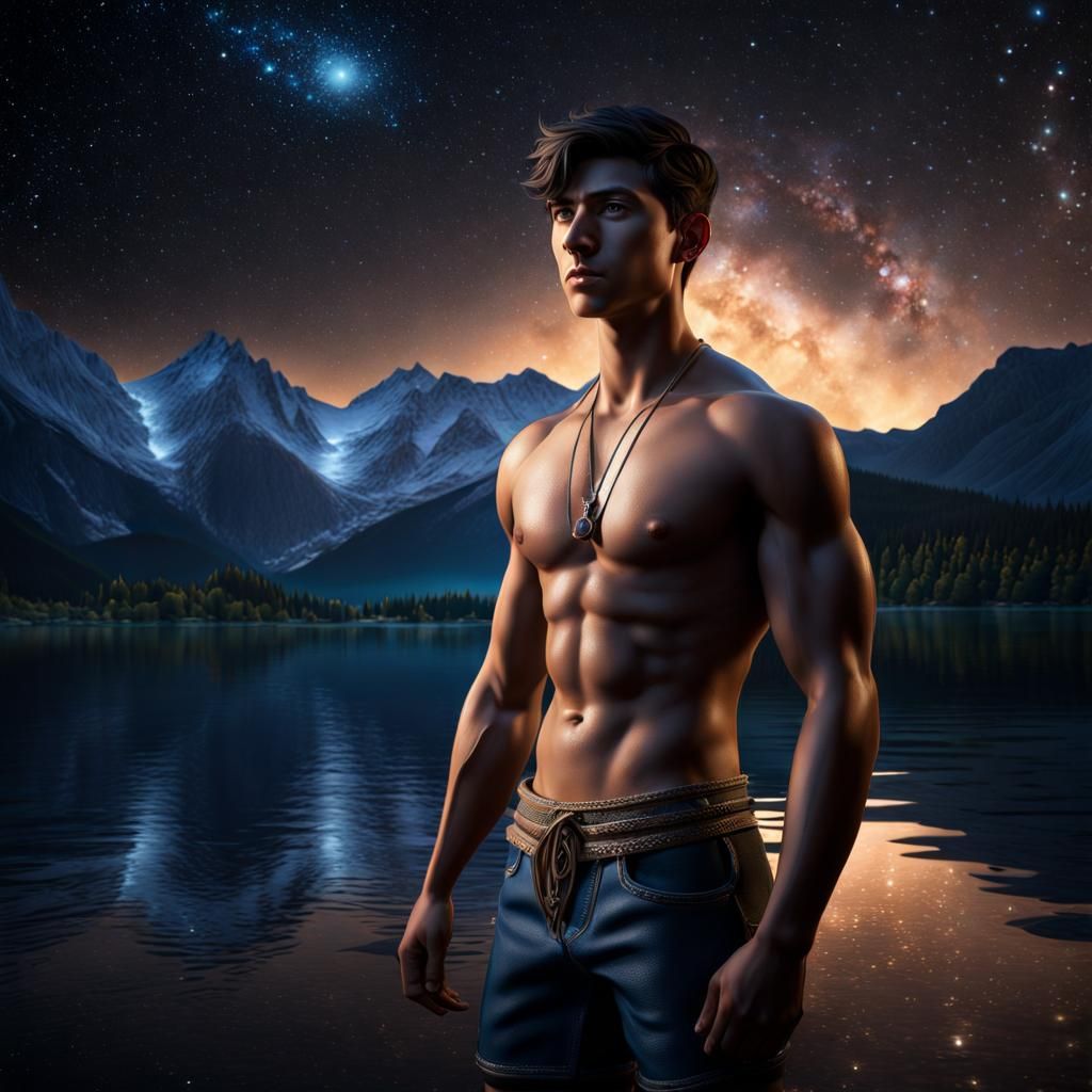Hyperrealistic Portrait in Starry Lake, Photorealistic Art