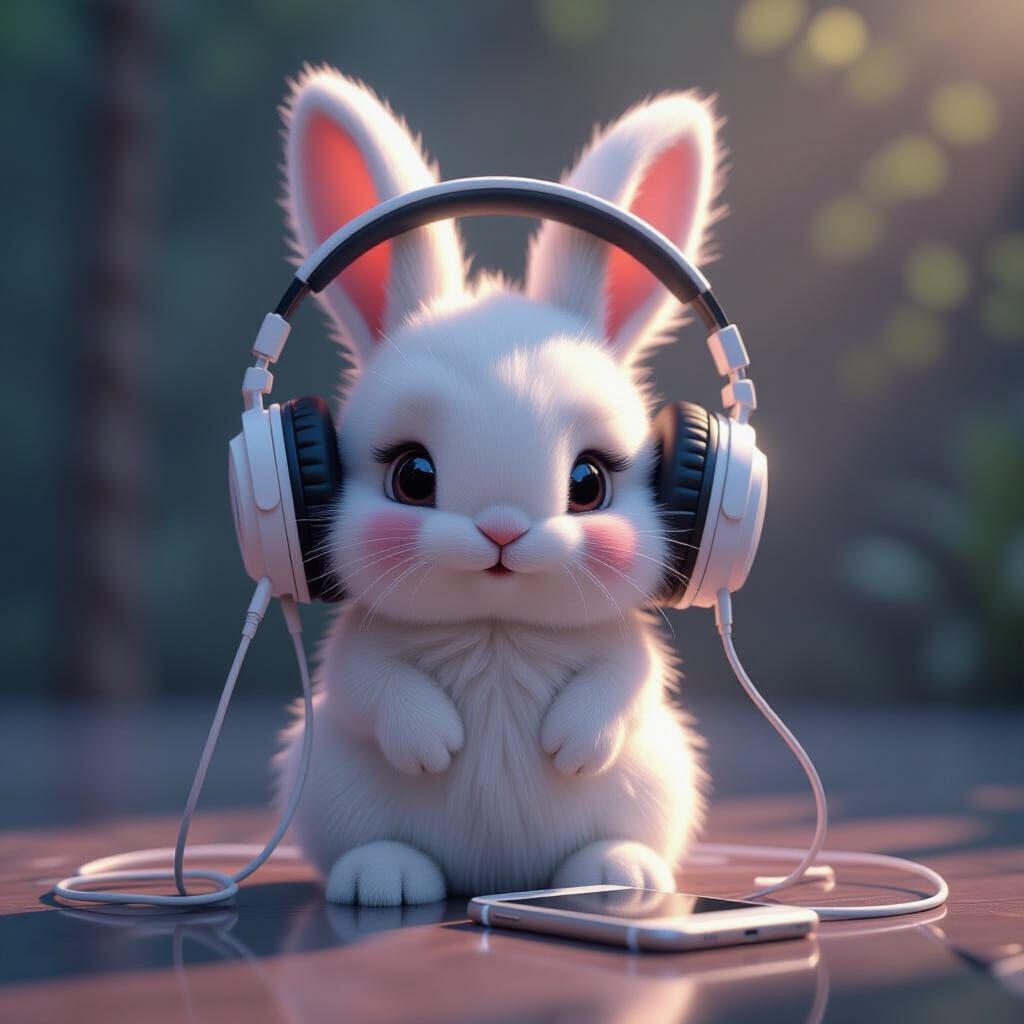 Fluffy Bunny with Headphones Connected to iPhone