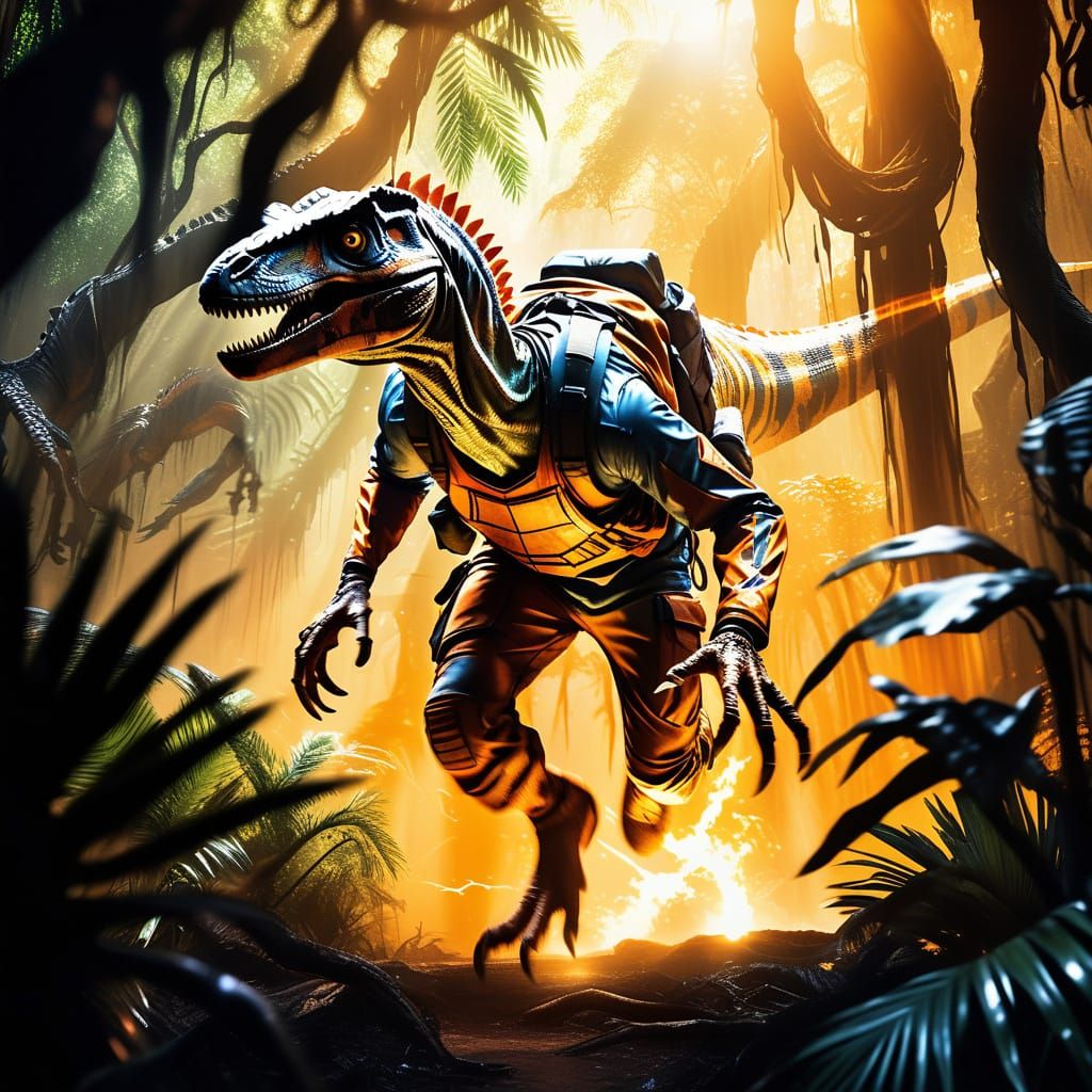 Man Runs From Velociraptor Near Glowing Portal