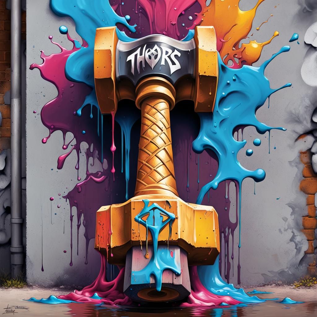 Thor's Hammer Graffiti Art in Street Style
