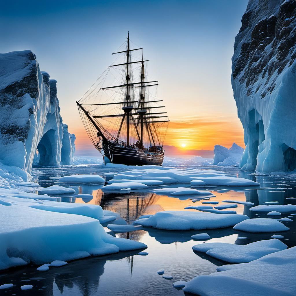 Sailing Ship at Sunset in Wild Ice Landscape