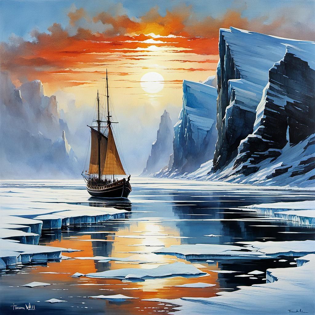 Sailing Ship at Sunset in Wild Ice Landscape