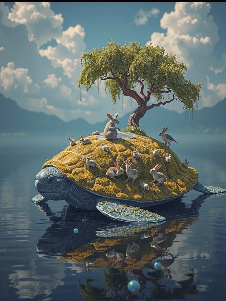 A giant turtle in a frothy ocean with nature on his back including a beautiful tree, elk grazing in the grass and little...
