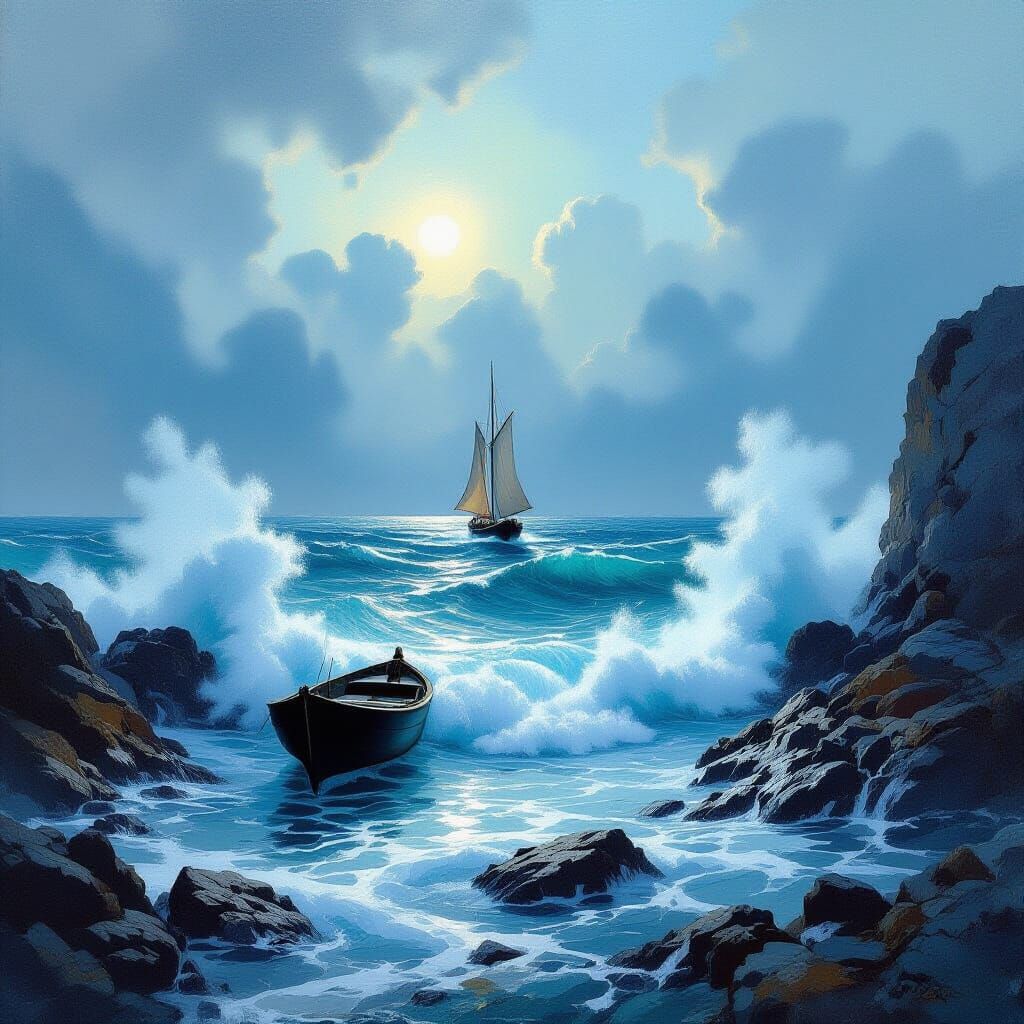 Turbulent Ocean Waves Crashing Against Rocks