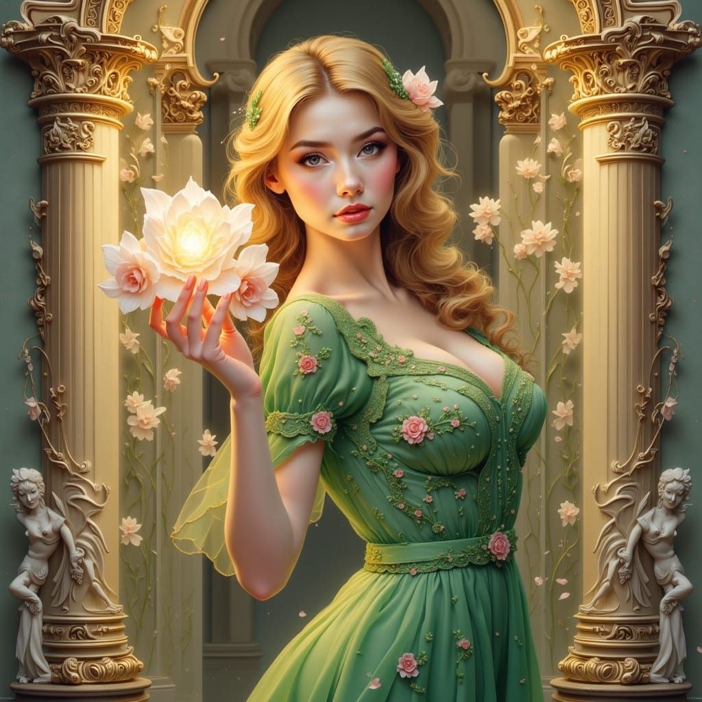 Blonde in Green Dress with Art Nouveau Mirror