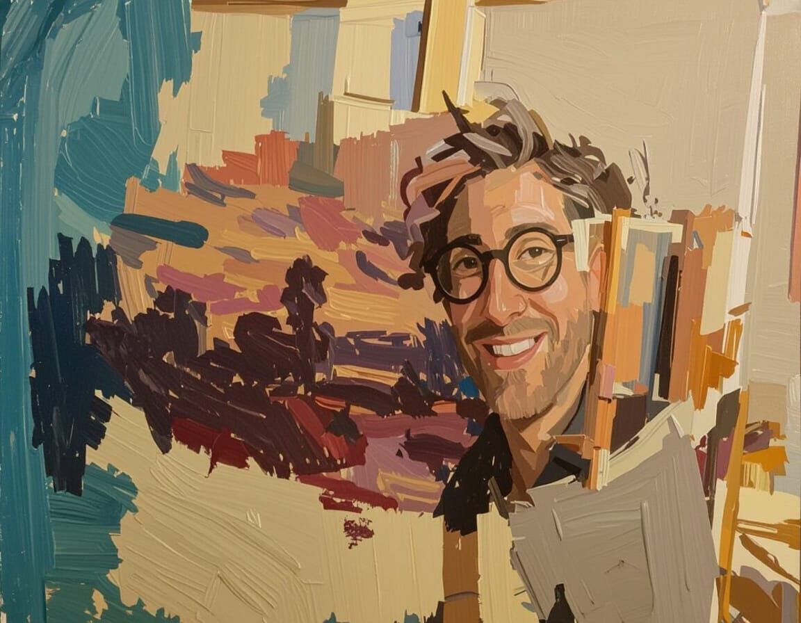 Smiling Painter in Sunlit Studio, Impressionist Oil Painting