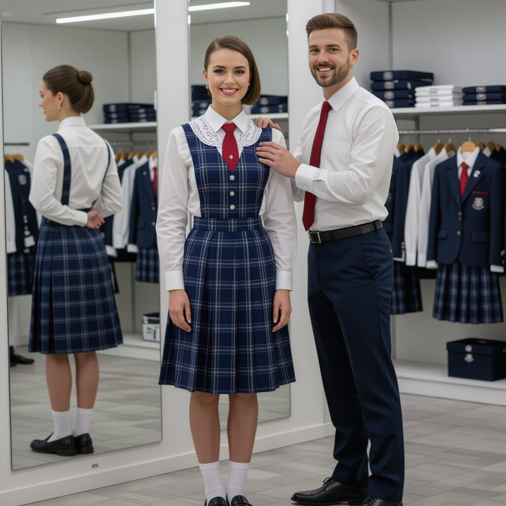 Man Tries On School Uniform in Modern Store