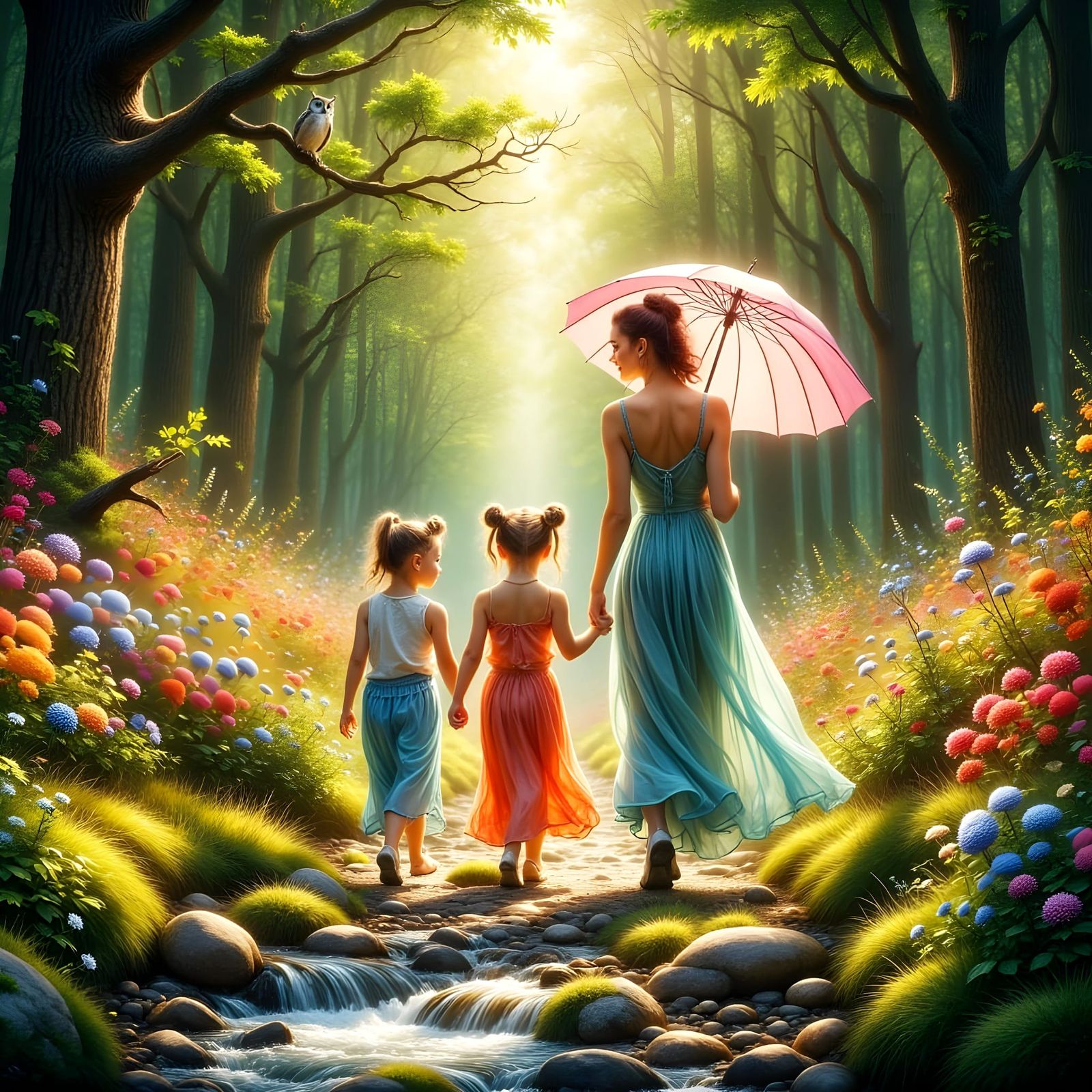 Toddlers and Elegant Woman Stroll Through Enchanted Forest i...