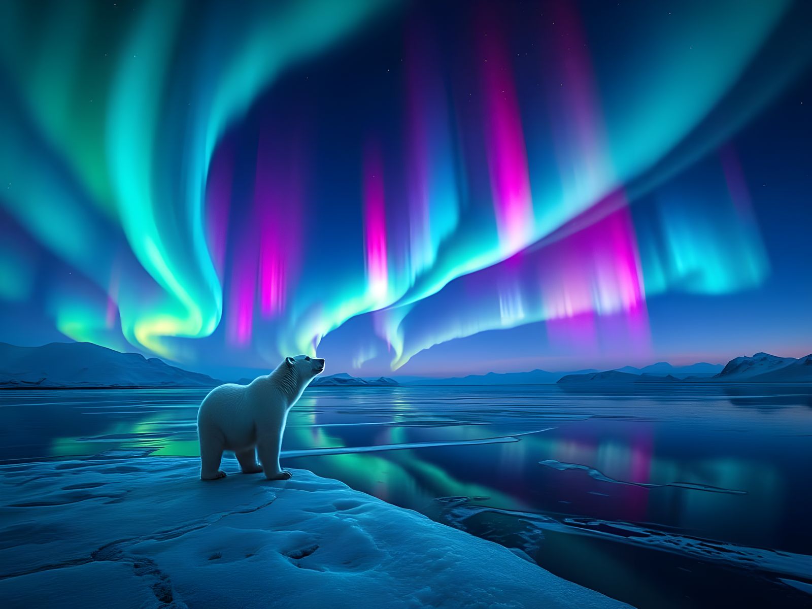 Majestic Polar Bear Admires Vibrant Northern Lights