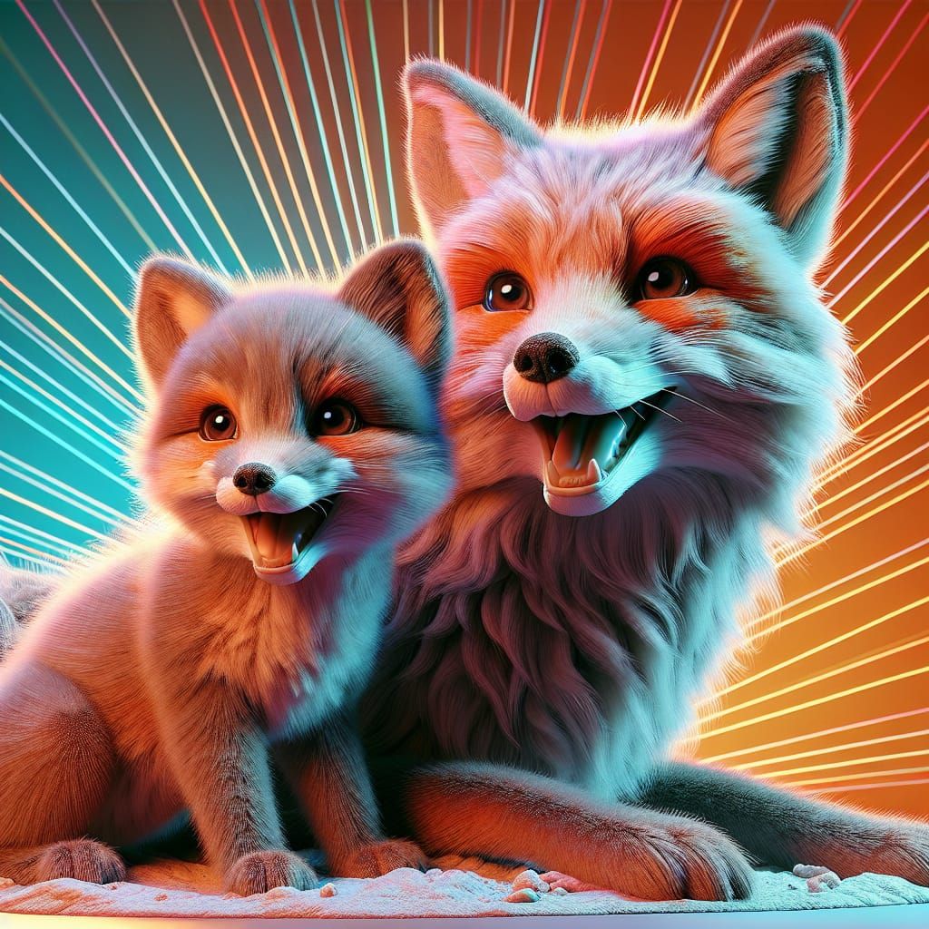 Happy Fox Kit and Mother in 3D Digital Art