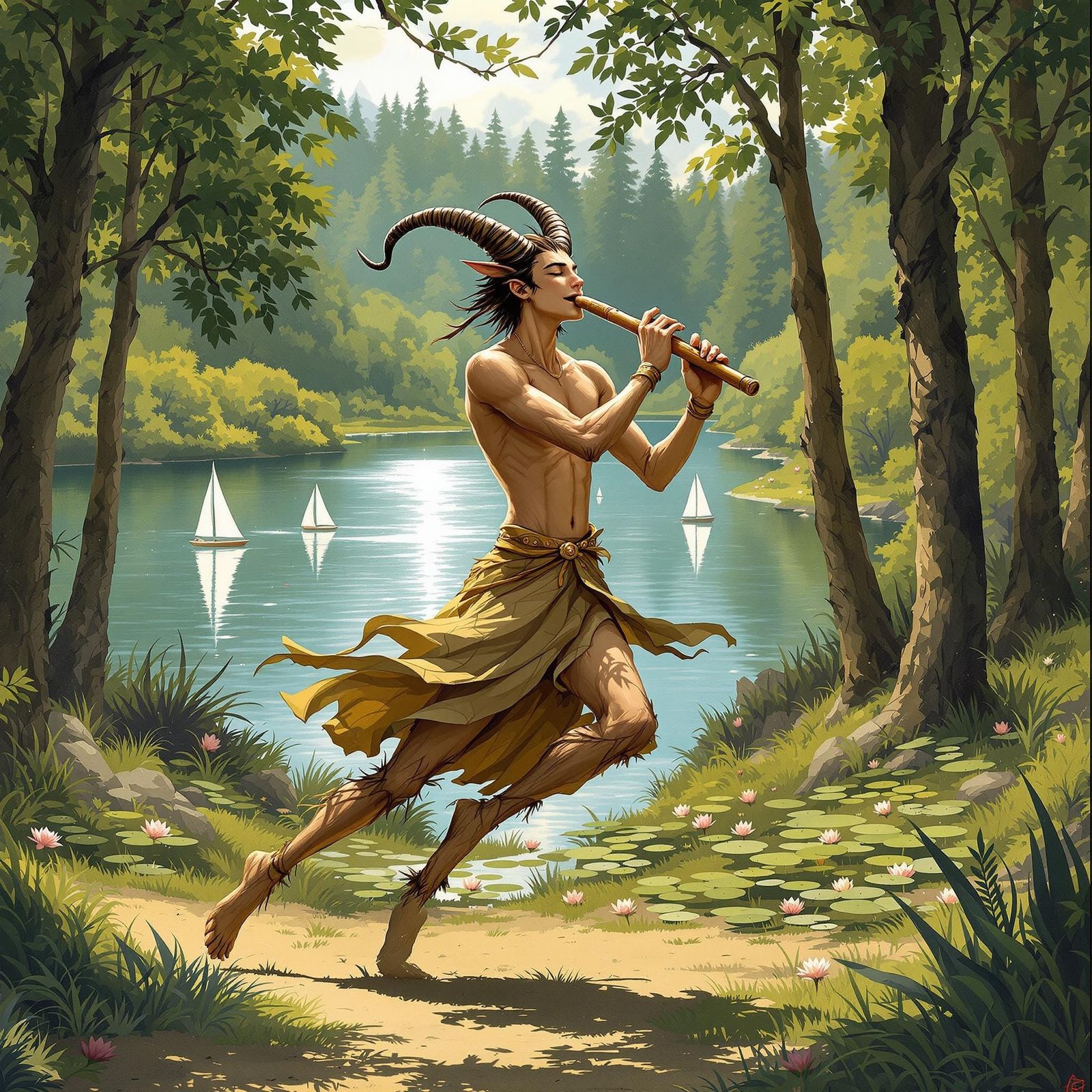 Faun Plays Pan Flute in Whimsical Forest Clearing