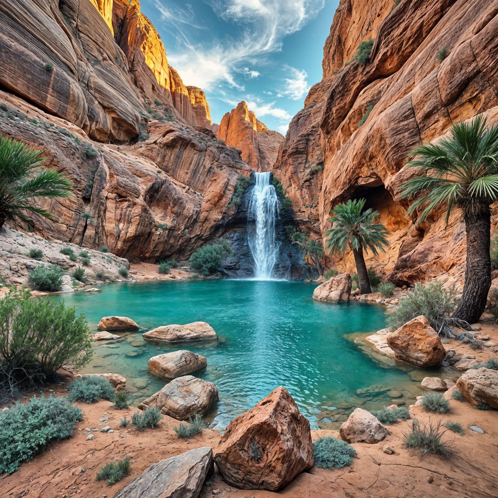 Desert Oasis Waterfall with Amber and Turquoise Water