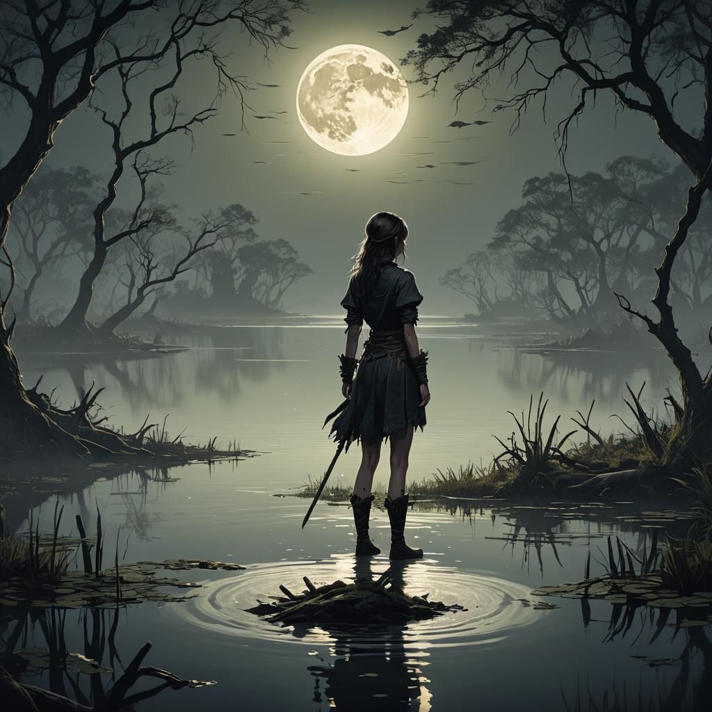 Lonely Girl by Swamp Under Moonlight