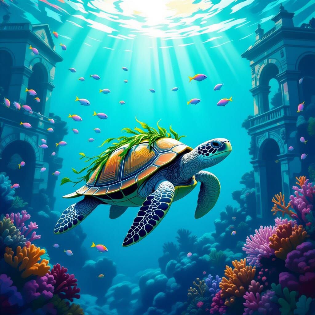 Sea Turtle's Coral City: A Realism and Fantasy Fusion