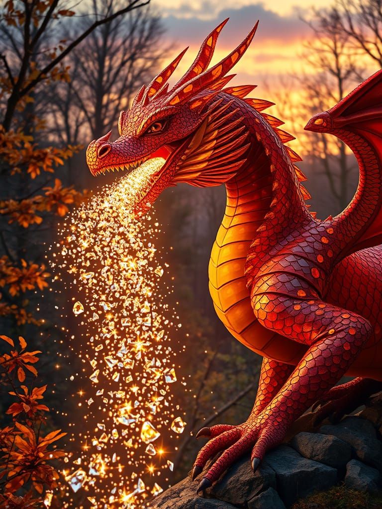 Dragon Exhales Glass Shards in Mosaic Style Against Enchante...