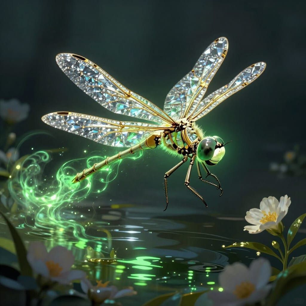 Skeletal Dragonflies with Diamond Wings and Gold Trim