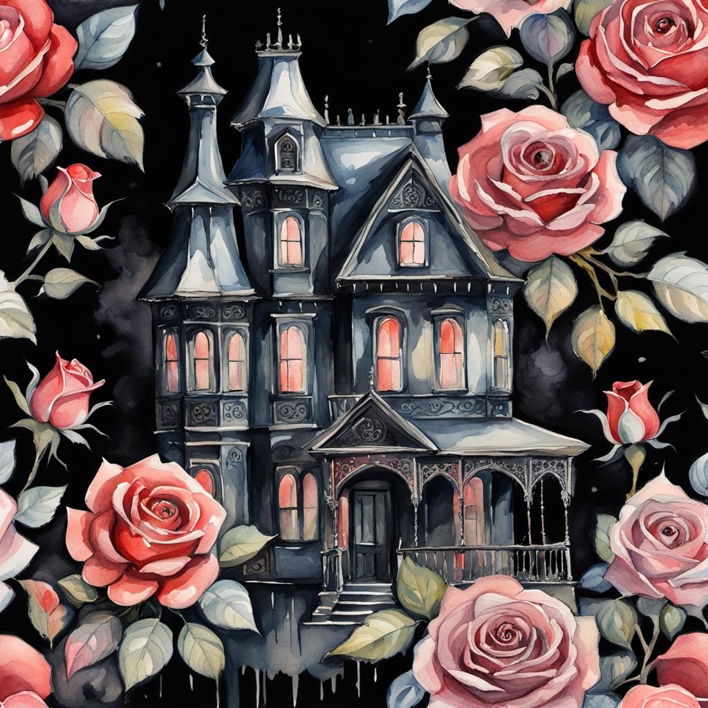 Gothic Victorian Dollhouse in Watercolor Gouache Style