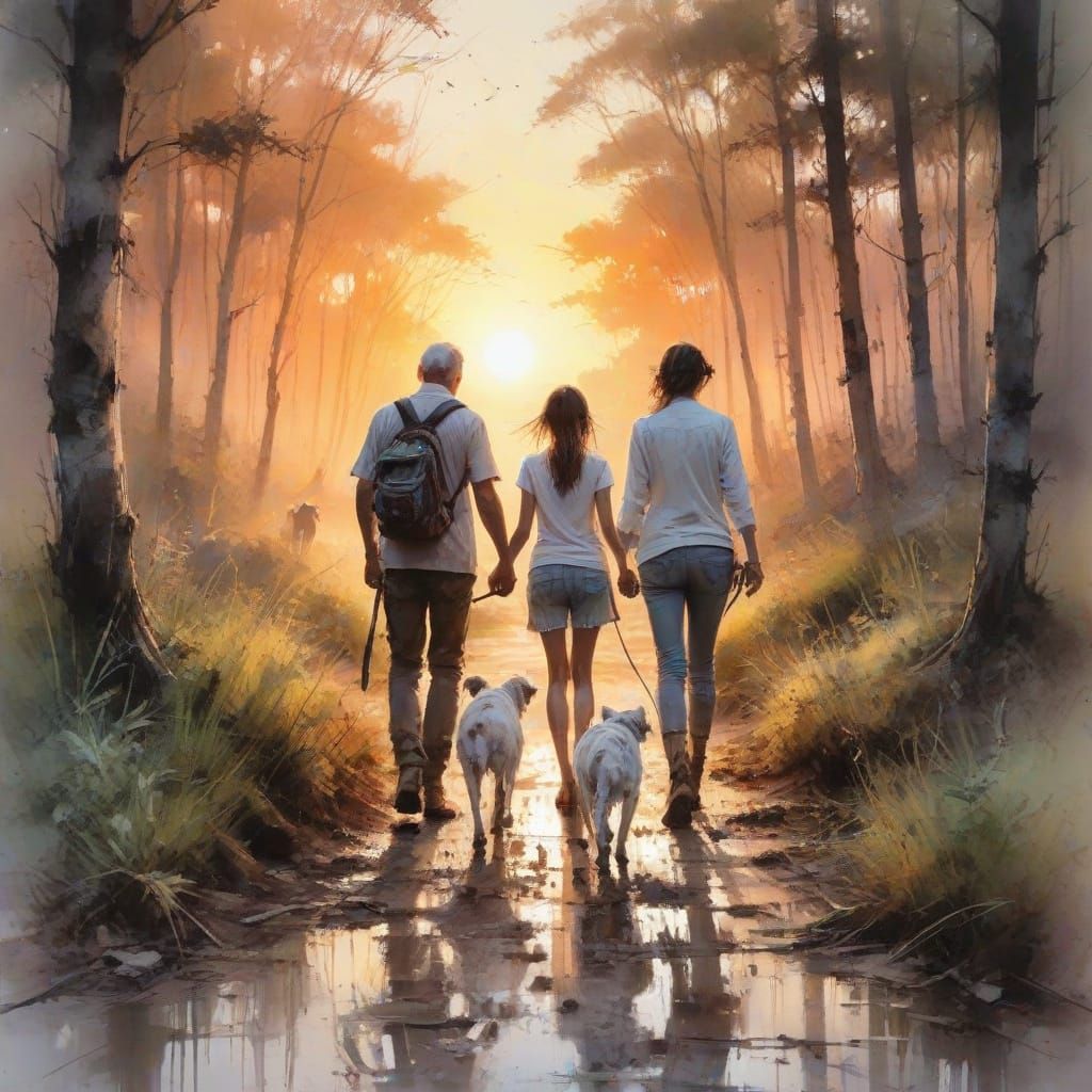 Family Strolls Through a Sunset Forest in Whimsical Watercol...