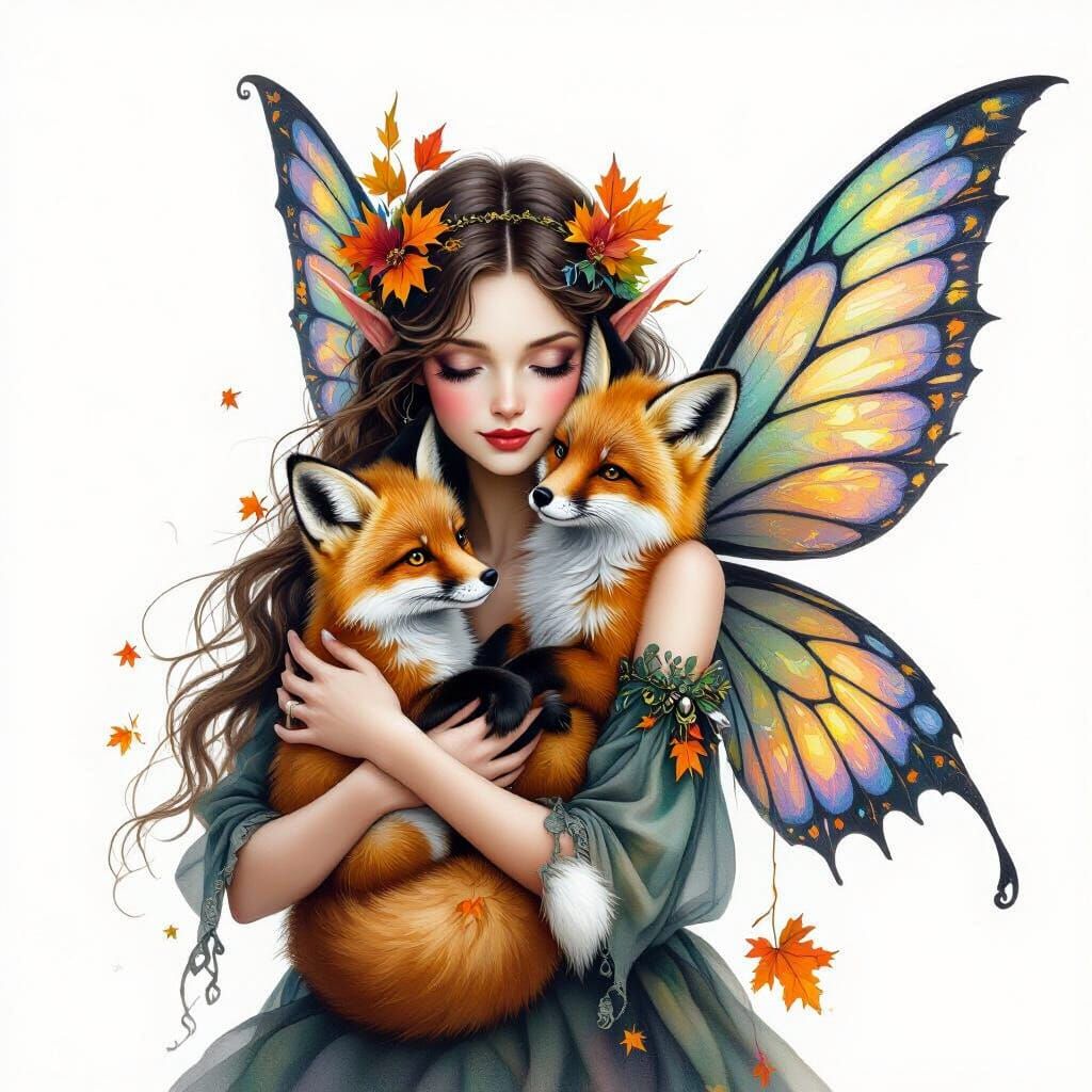 Dark Fairy With Baby Fox in Autumn