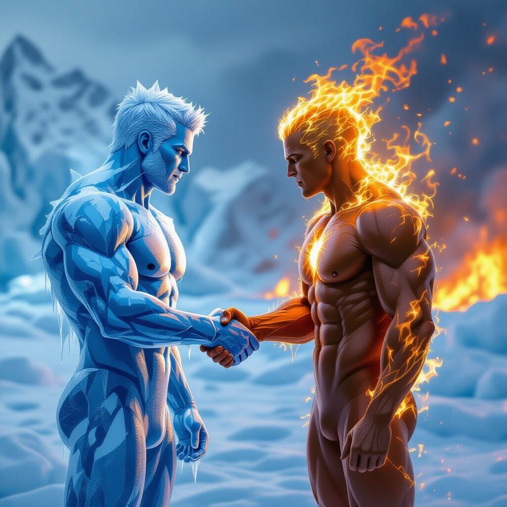Ice Man and Human Torch Shake Hands as Best Friends