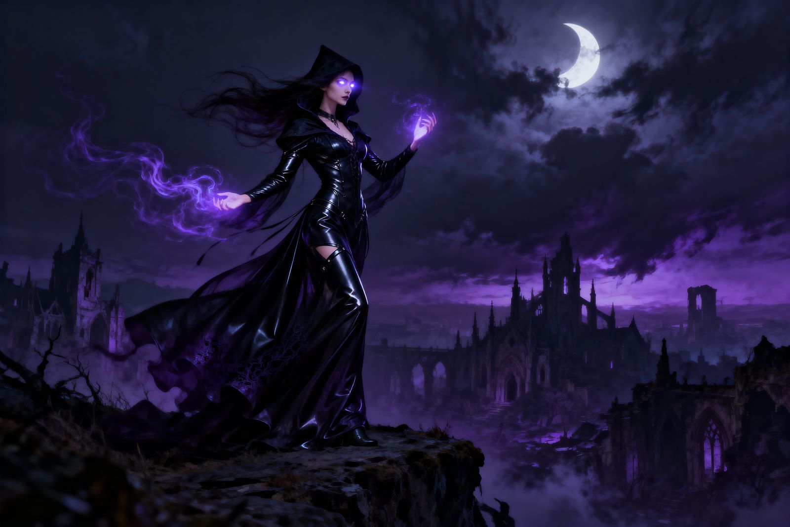 Witch on Cliff Overlooking Gothic Cityscape