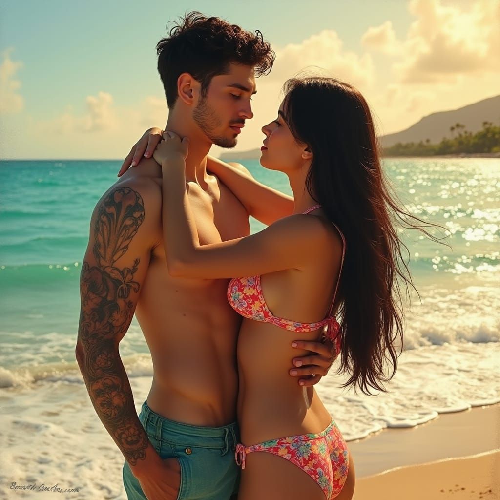 Tender Moment on Waikiki Beach in Vibrant Colors