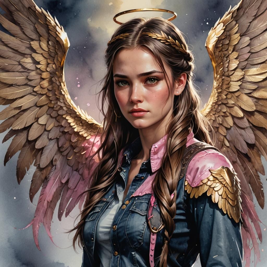 Young Woman with Angel Wings in Watercolor Style