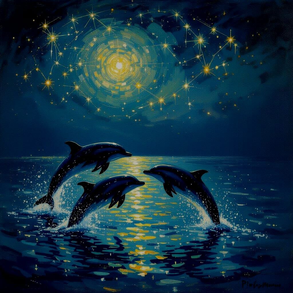 Bioluminescent Dolphins Leap Through Starlit Ocean in Impres...