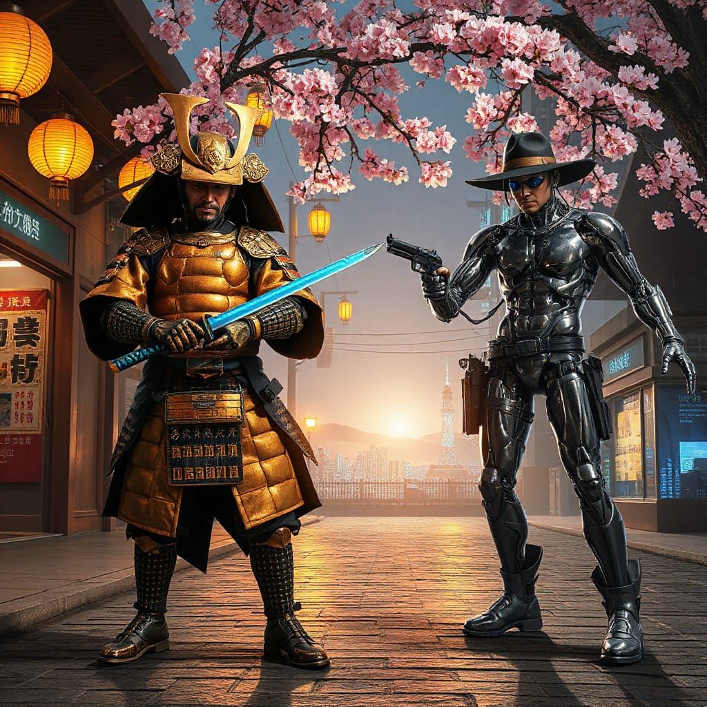 Samurai and Cyberpunk Gunslinger in Futuristic City
