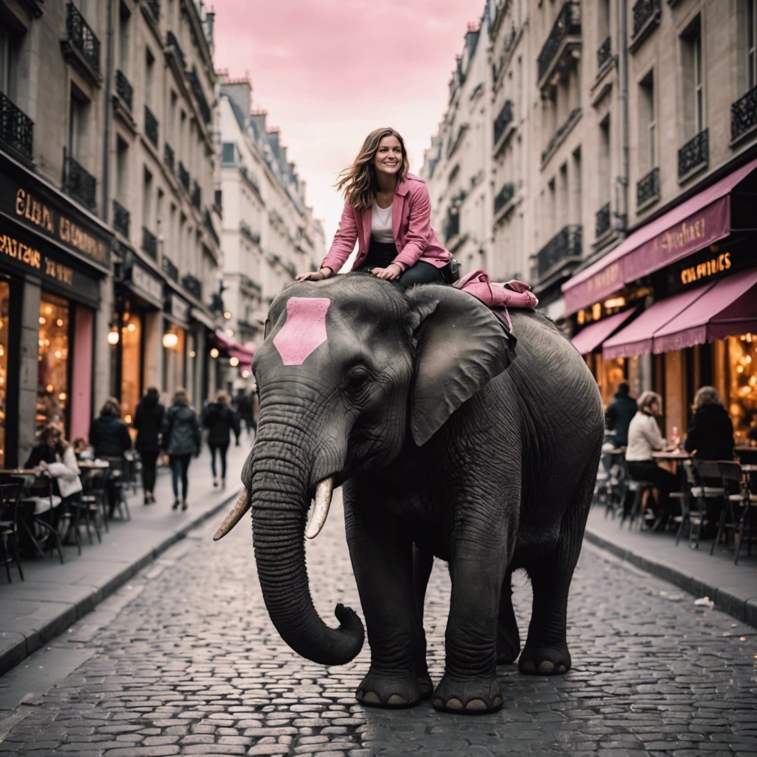 Pink Elephant in Paris at Golden Hour