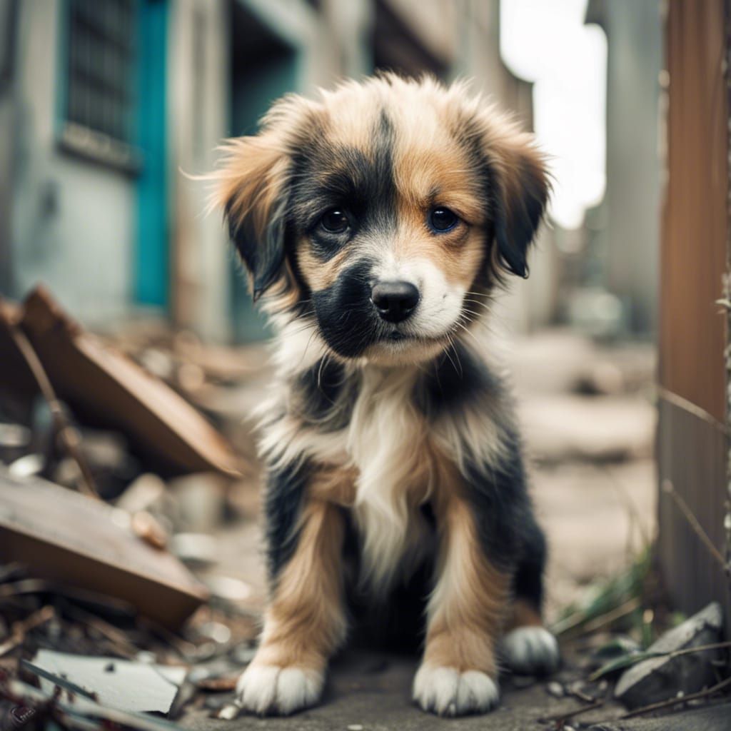 Sad Puppy in Abandoned Cityscape