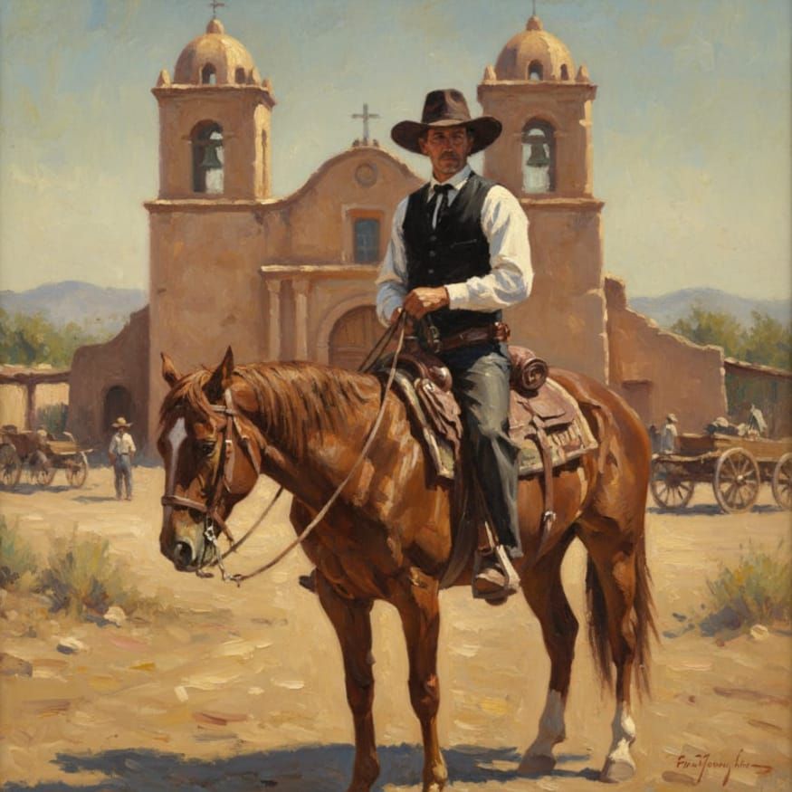 Impressionist Cowboy Portrait: Adobe Church Scene
