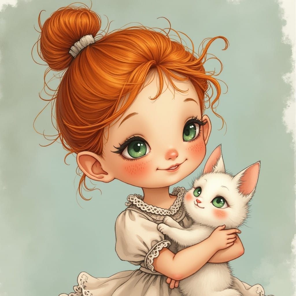 Whimsical Red-Haired Girl with Cat in Vintage-Inspired Art S...