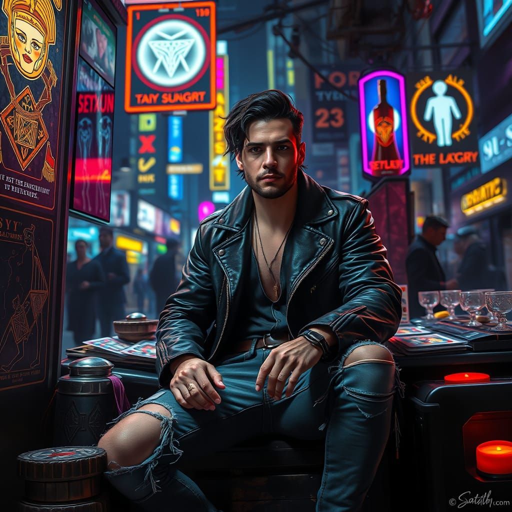 Cyberpunk Tarot Reader in Dystopian Cityscape