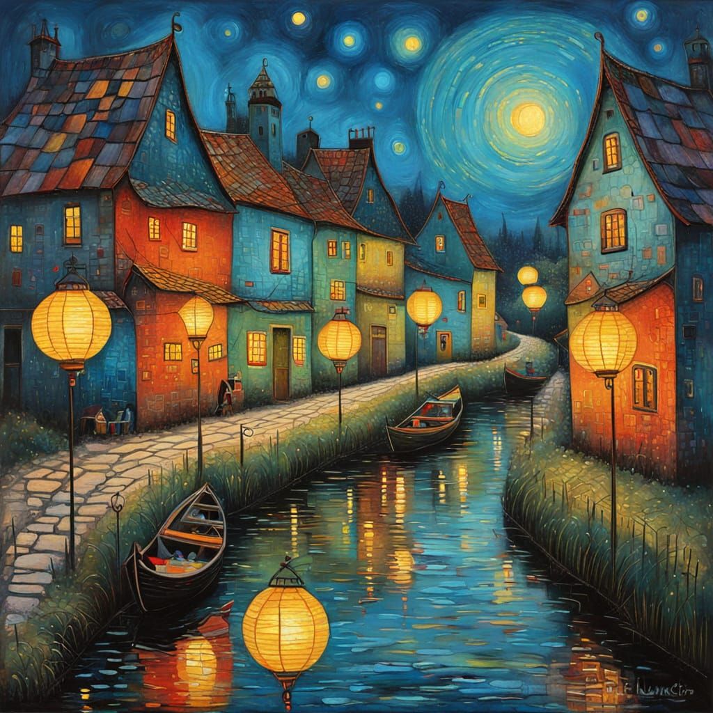 Glowing Lantern Festival in Naive Art Style