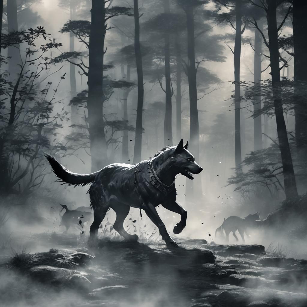 Kelpie Samurai Dog vs Ninja Cats in Sumi-e Style