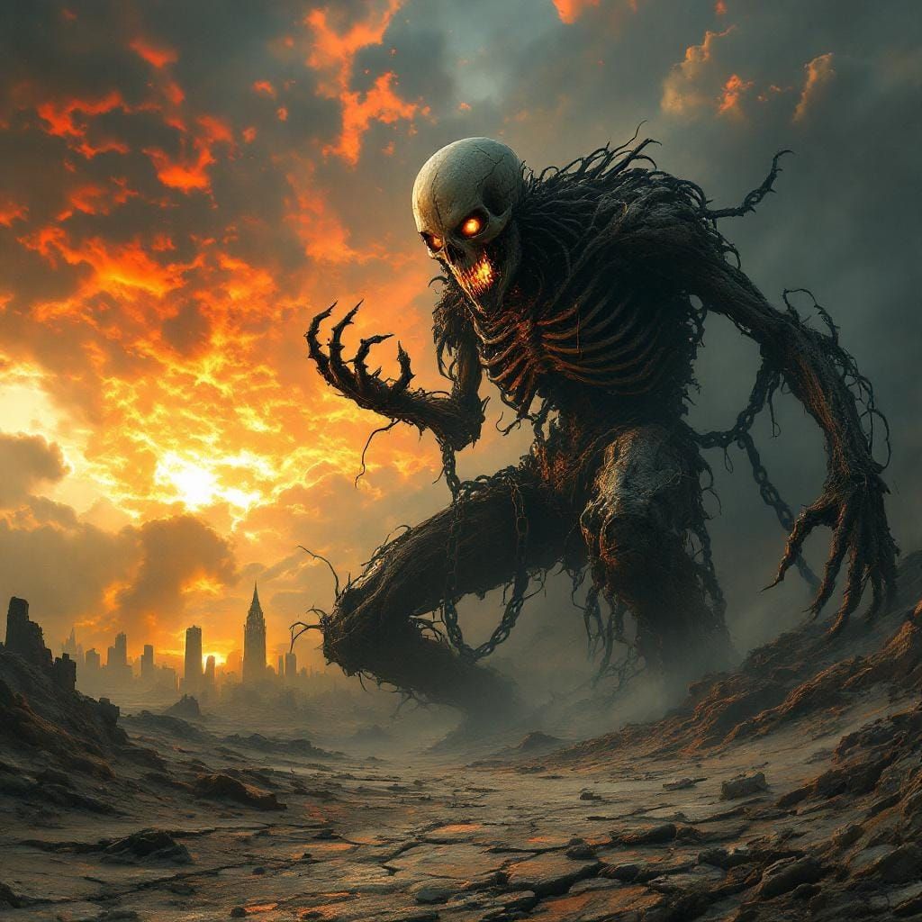 Apocalyptic Skeletal Giant Rising from Wasteland