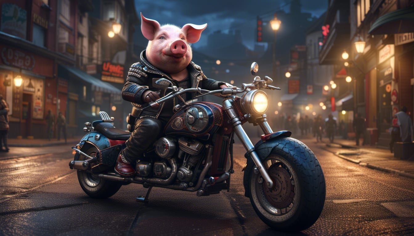 Biker Pig Rides Through Town at Night