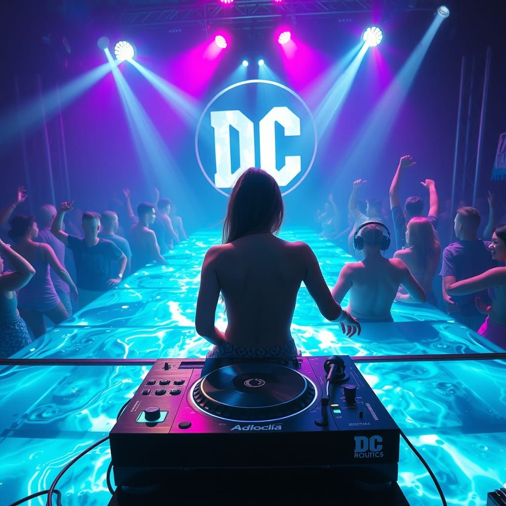 Cosmic River Flows Through Club with DJ and Ravers in Hyperr...