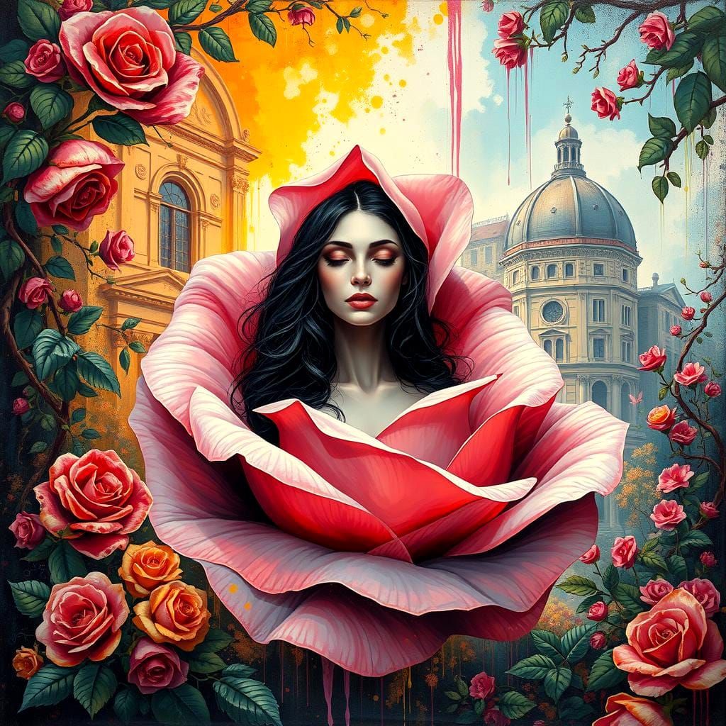 Fantasy Woman Emerges from Rose in Graffiti Art