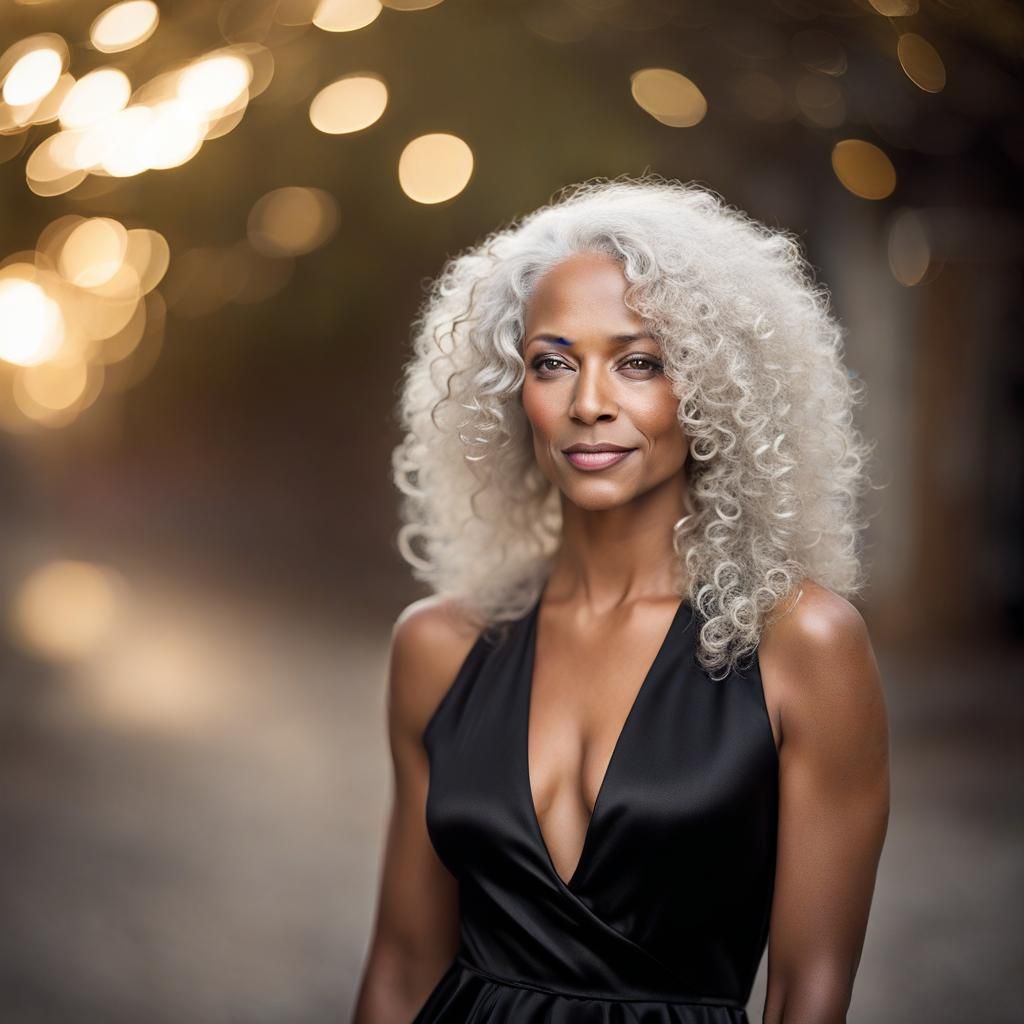 Luminous White Hair Beauty in Black Satin Dress