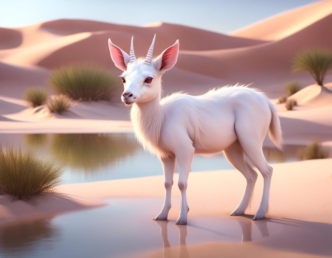 White Deer at Oasis in Desert Twilight