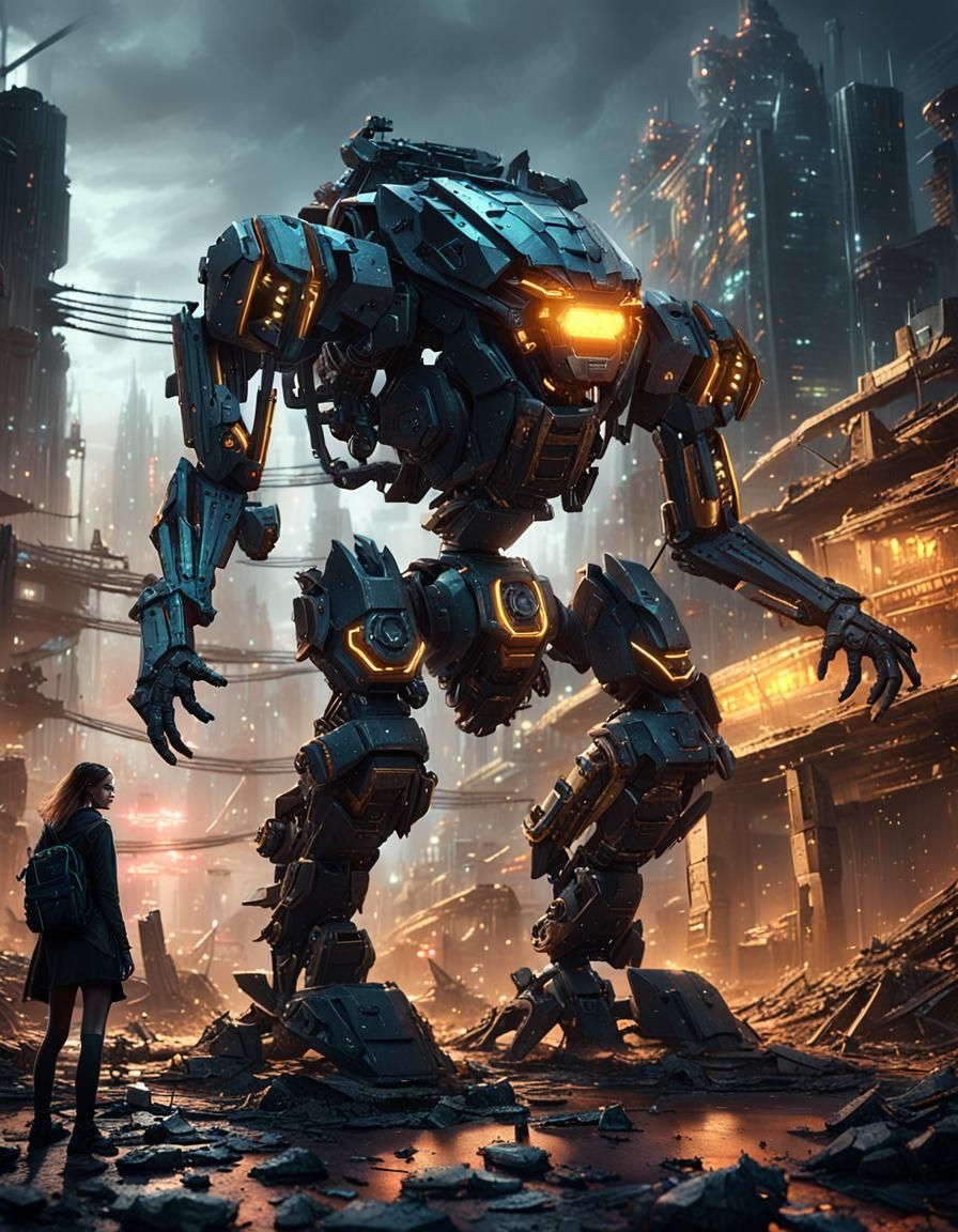 Cyberpunk Mechanical Witch Battles in Ruined Cityscape