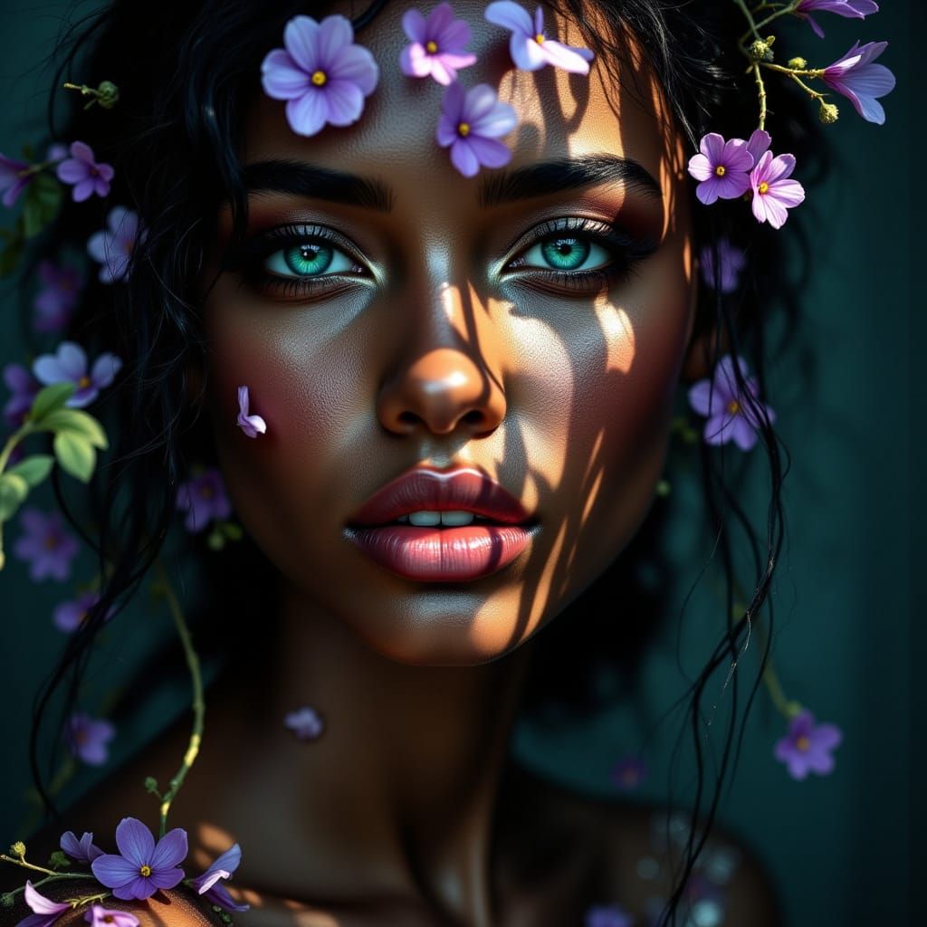 Emerald-Eyed Woman in Baroque Double Exposure Portrait