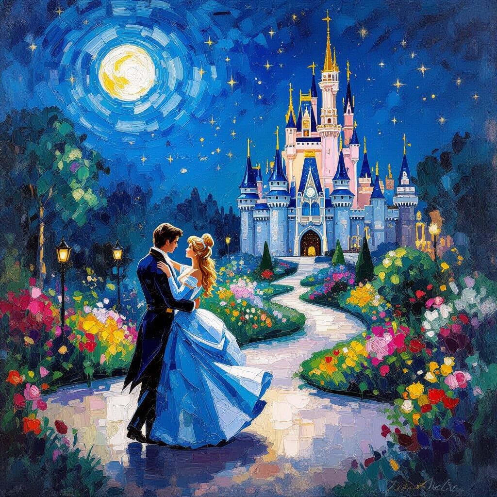 Cinderella Waltzing in Moonlit Garden, Impressionist Style