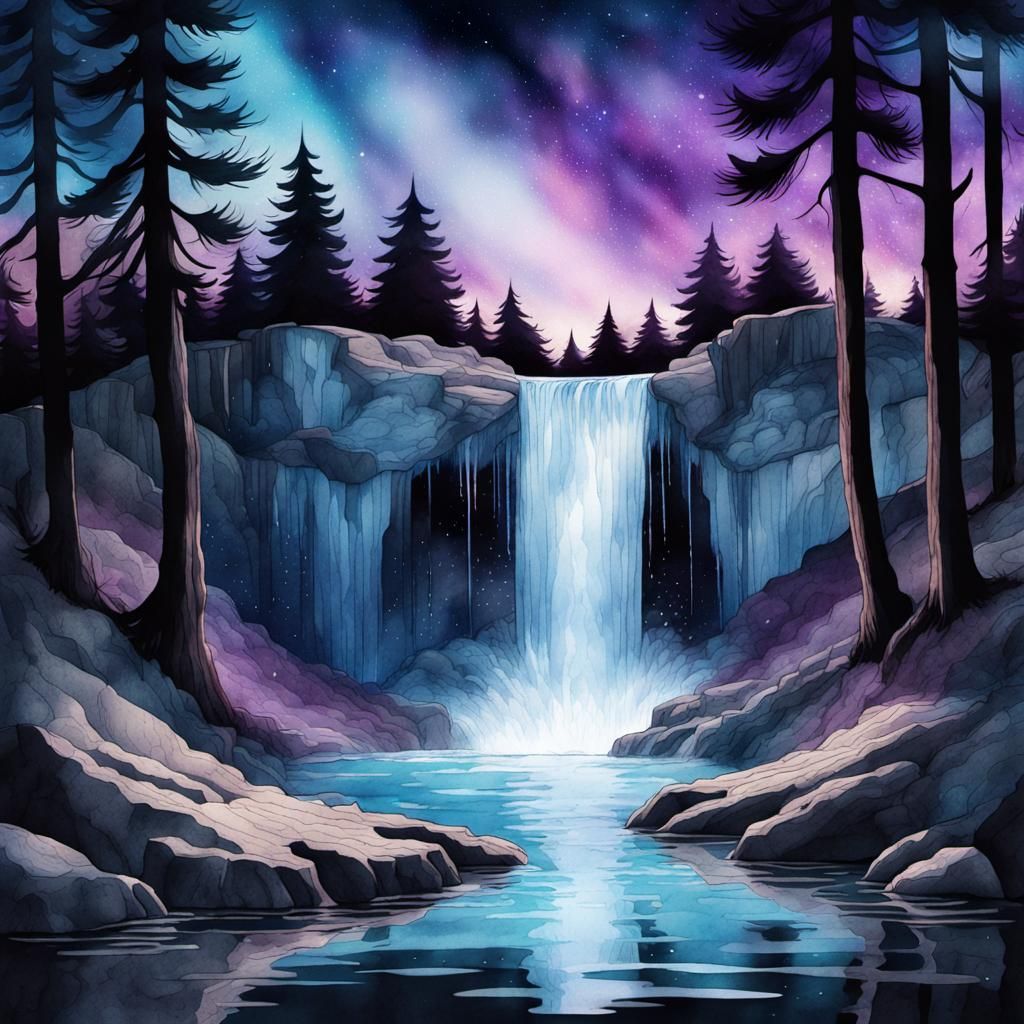 Broken Waterfall at Night in Watercolor Comic Style
