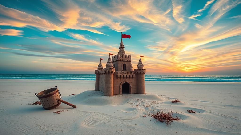 Ornate Sandcastle on Pristine Beach at Sunset