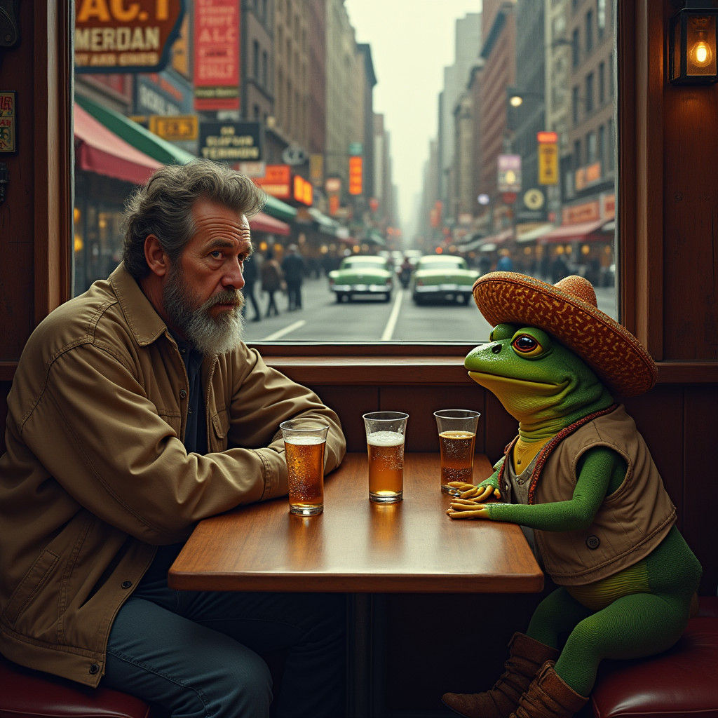 Man and Frog Chat in 1970s New York, Hyperrealistic