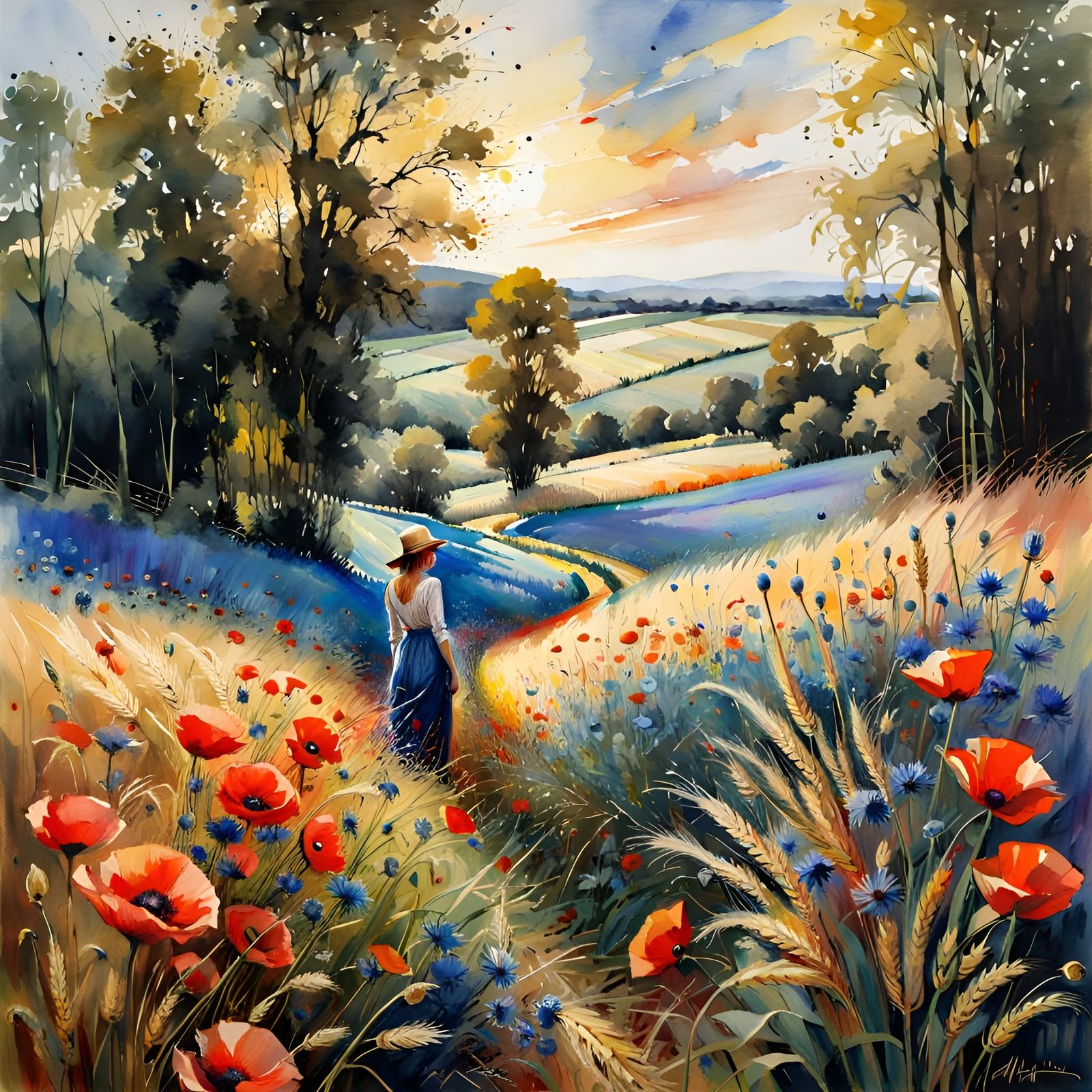 Wheat Field Watercolor Landscape with Poppies