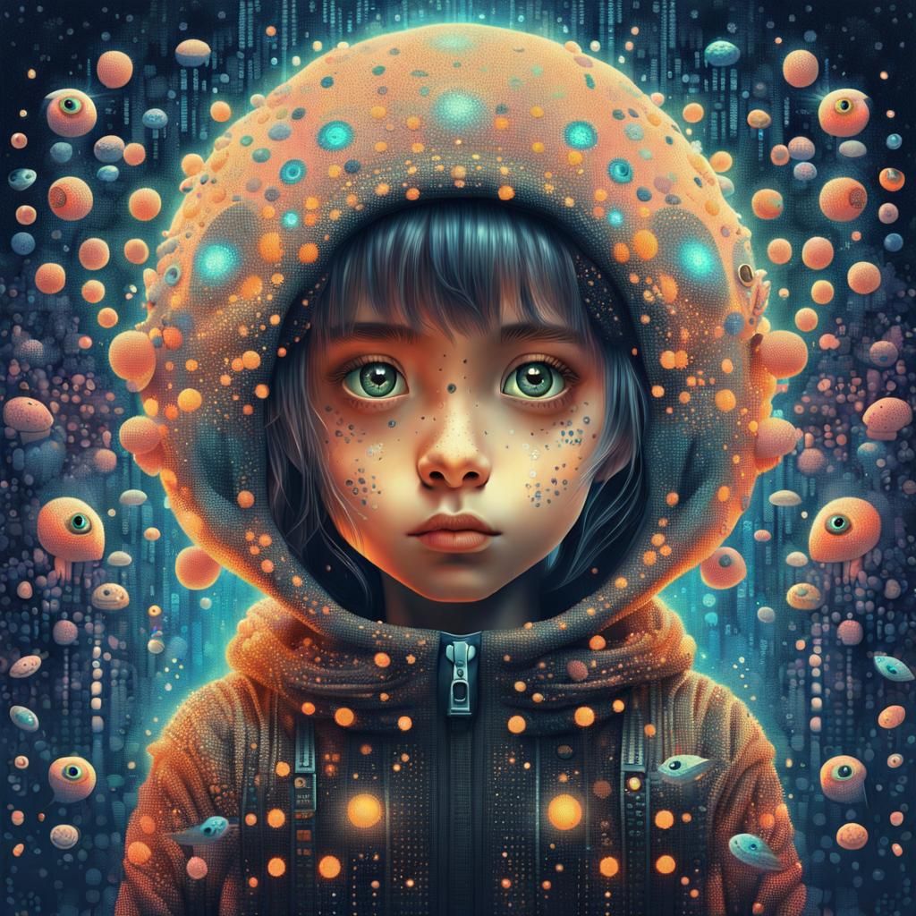 Girl with Numeric-Eyed Creature in Digital Punk Art